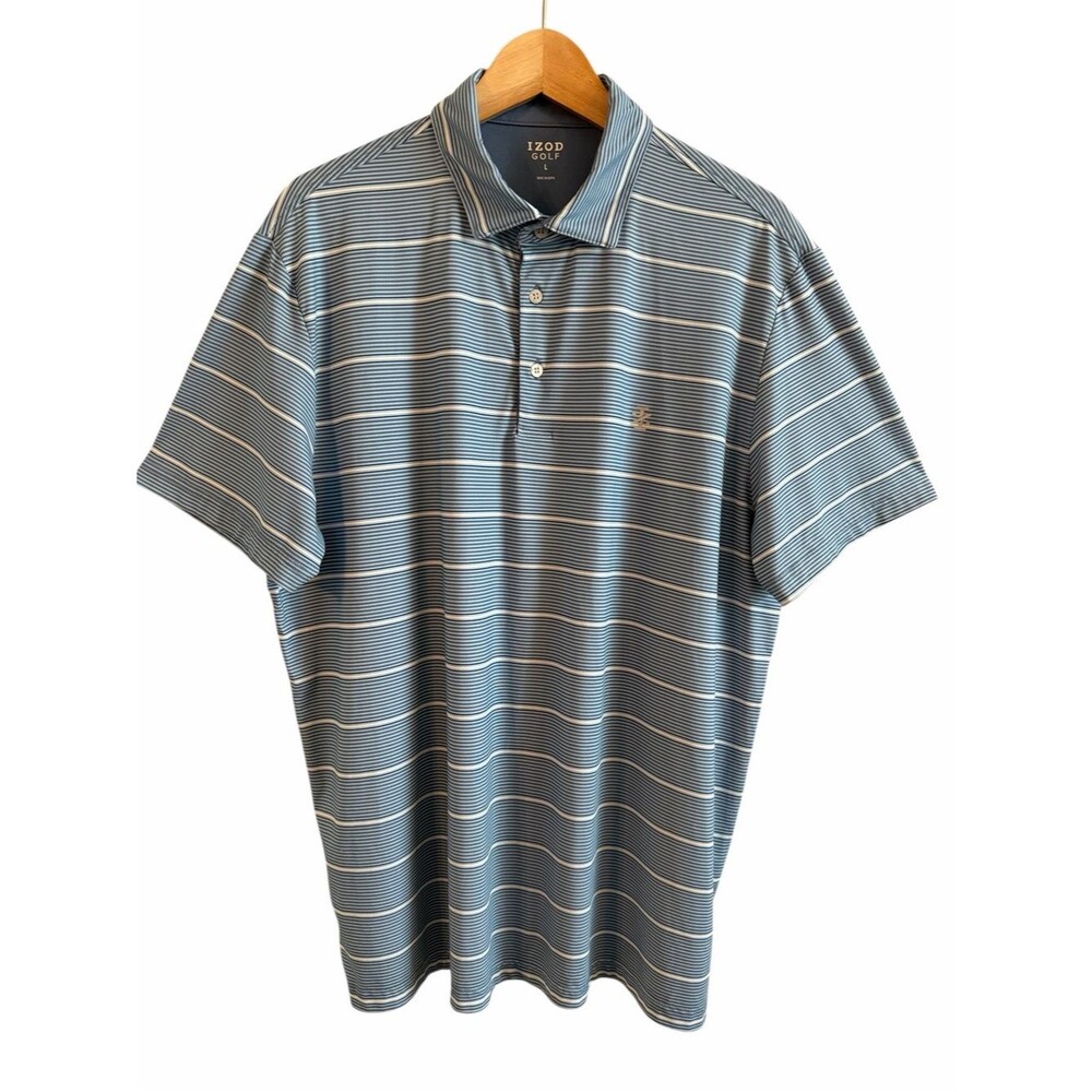 Izod Golf Blue Striped Short Sleeve Polo Shirt Performance Mens Size L Casual